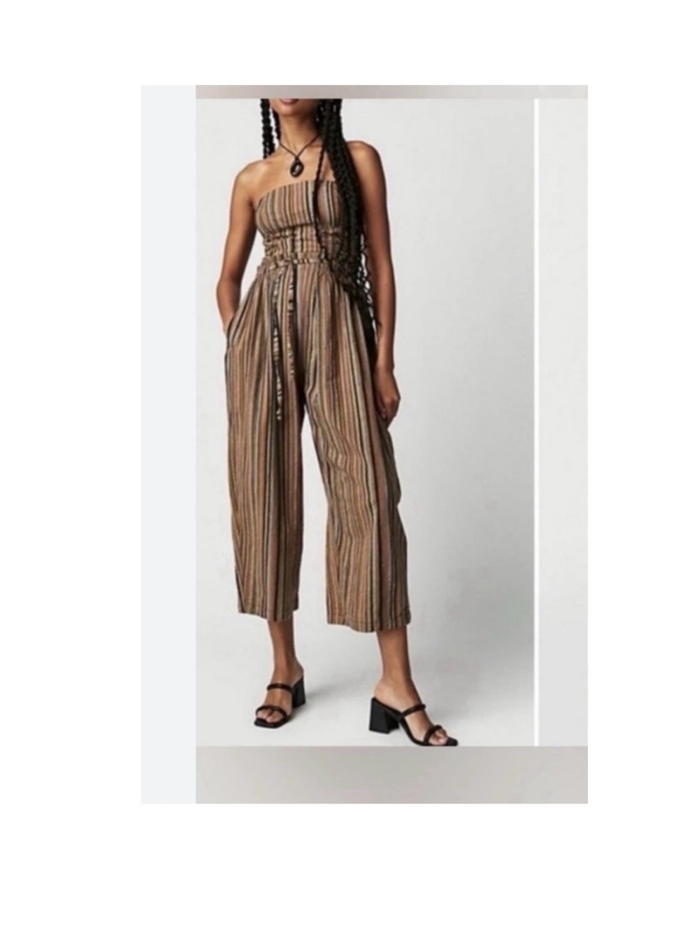 Free People Striped Strapless Wide-Leg Jumpsuit in Brown